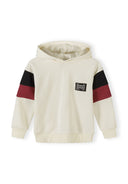 Cream boys hooded sweatshirt with black and maroon contrast sleeve panels and front logo patch design