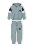 Kids blue hooded tracksuit with contrast sleeve panels and drawstring joggers, featuring a modern and comfortable design.