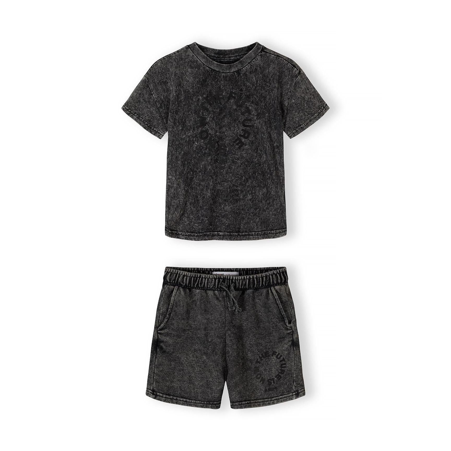 Grey acid wash t-shirt laid flat showing front view with circular logo graphic print on chest area