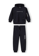 Black kids tracksuit with hooded sweatshirt and jogger pants featuring minimal text design details