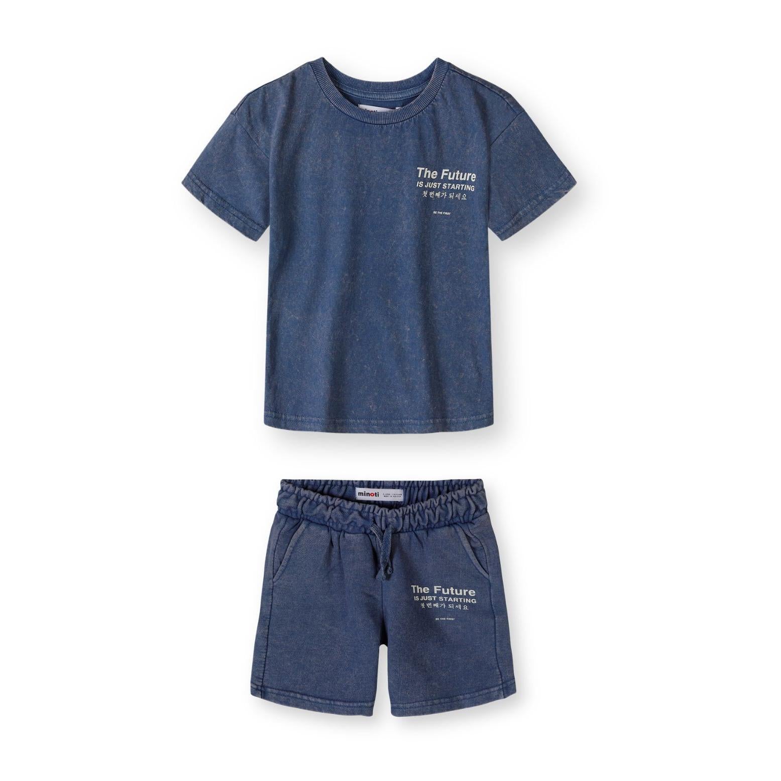 Back view of blue acid wash t-shirt laid flat showing 'The Future is Just Starting' text in English and Korean characters on white background