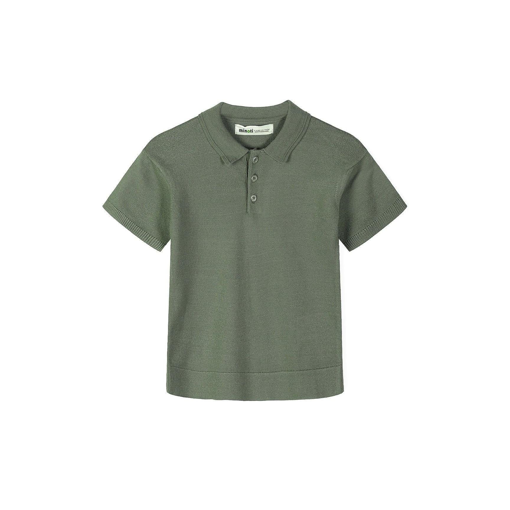 Forest green knitted polo shirt laid flat showing front view with collar, button placket and ribbed hem detail