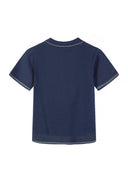 Boys knitted polo shirt in navy blue, back view with short sleeves and classic collar.