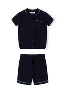 Boys knitted navy blue polo shirt and shorts set, front view, featuring a classic collar and chest pocket.