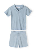 Light blue knitted polo shirt and elastic shorts set for boys, front view, features lapel collar and drawstring.