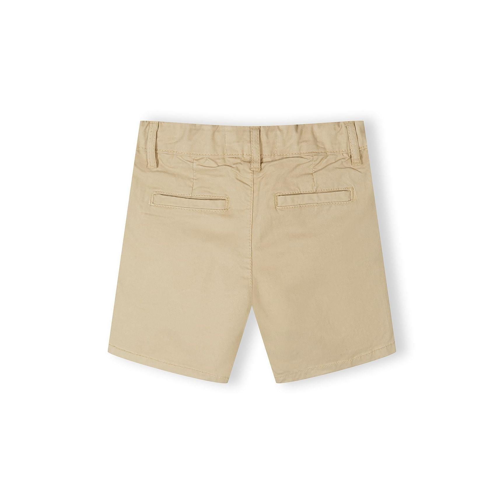 Single navy blue chino shorts laid flat on white background showing front view with button waistband, belt loops and side pockets