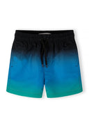 Boys swimming shorts, black and teal gradient, front view with elasticated waistband.