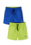 Boys swimming shorts in blue and lime, front view, elasticated waist with drawstring.