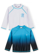 Two boys long sleeve rash vests in white with blue trim and blue ombre black, featuring a unique surf design.