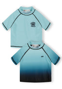 Boys turquoise and black ombre rash vest, short sleeves, collarless design.
