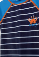 Navy striped kids rashguard swimsuit with orange crab design and contrasting blue sleeves featuring detailed orange stitching.