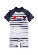 Boys short sleeve marine striped rash suit with front zip and lobster design.
