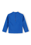 Back view of a blue kids’ long sleeve rash vest top with a zipper and hood, designed for comfort and sun protection.