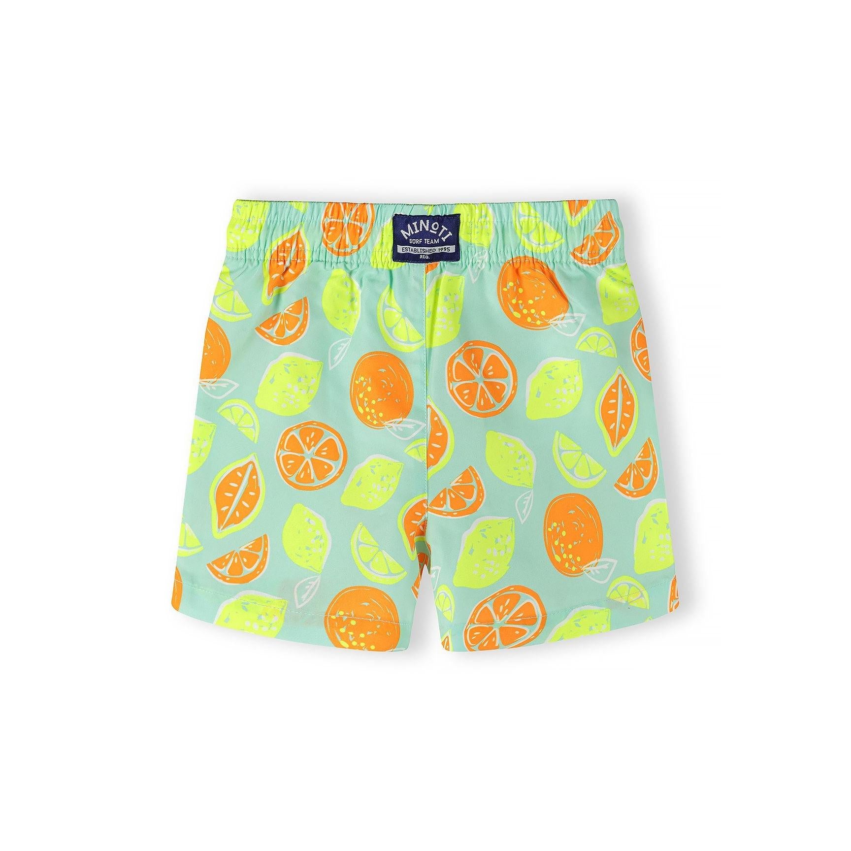Close-up of mint green striped swim shorts with white stripes, showing elastic waistband with orange trim and drawstring detail on white background