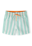 Mint and white striped boys swim shorts with orange elasticated waistband and drawstring, featuring a quick-dry design.
