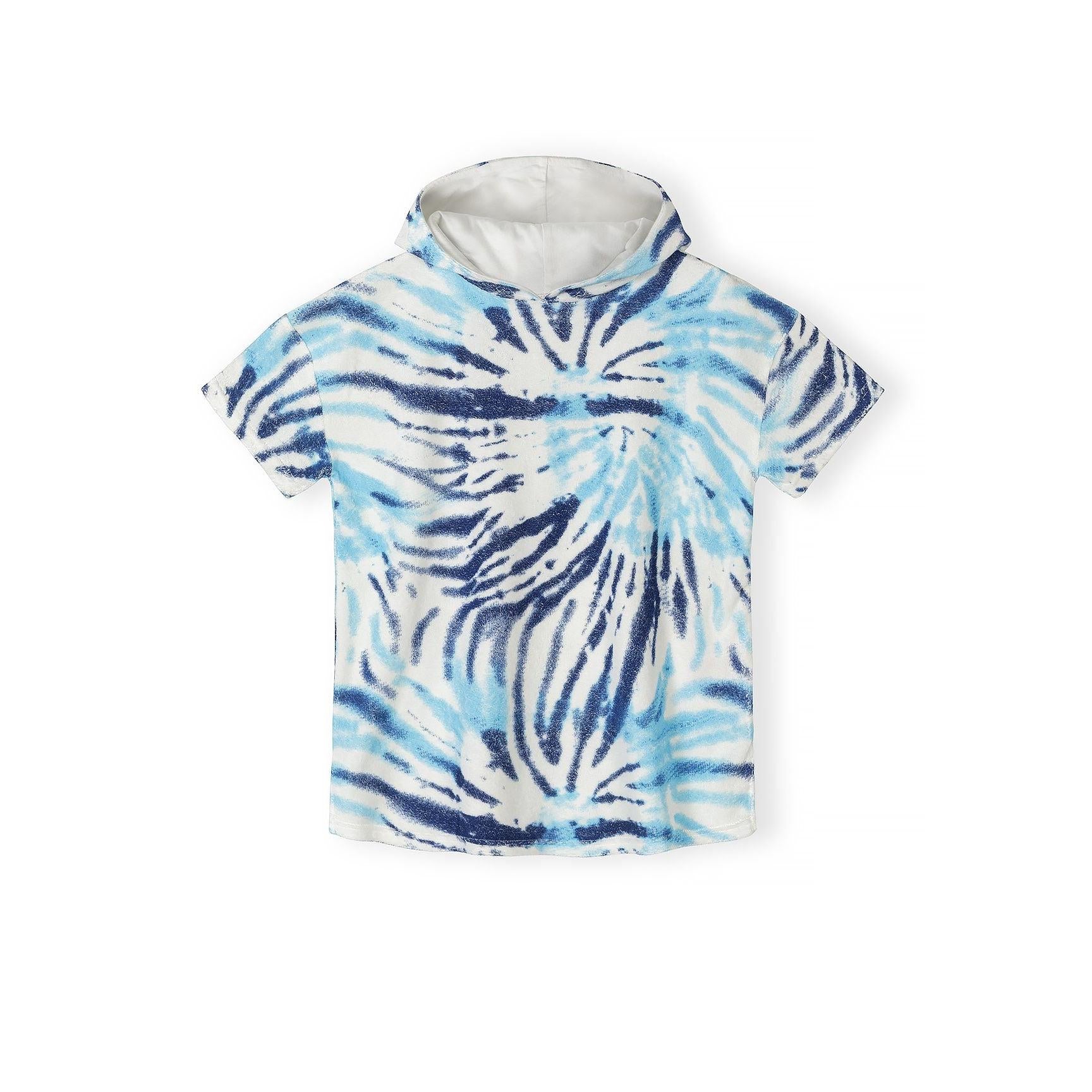 Front view of blue tie-dye hooded towelling cover-up with short sleeves on white background