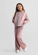 Girls lightweight pink bomber jacket, front view, features ribbed collar and zip closure.