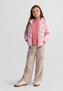 Front view of a girls' lightweight pink hooded jacket with a full-length zip and elasticated cuffs.