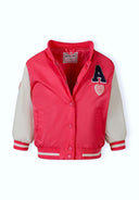 Pink and white lightweight varsity bomber jacket for girls with varsity letter and heart patch design