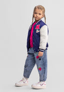 Girls varsity bomber jacket in navy with white sleeves, featuring a ribbed collar and snap-button front.
