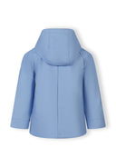 Back view of a simple, stylish blue waterproof rain jacket with hood for young children, highlighting its clean design.