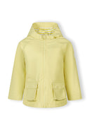 Bright yellow waterproof kids jacket with adjustable hood and snap pockets, designed for comfort and style.