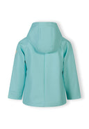 Back view of a mint waterproof jacket for girls with a hood and adjustable cuffs in a simple, stylish design