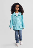 Girls waterproof jacket in mint, front view, features adjustable cuffs and side pockets.