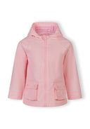 Pink waterproof jacket for kids with hood and front pockets, featuring a simple and practical design.