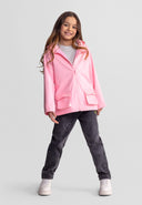 Girls pink waterproof jacket with fixed hood and front zip, front view.