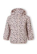 Pink softshell jacket for kids with black scattered dot design and hood, offering wind resistance and stylish comfort.