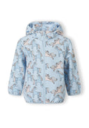 Girls light blue softshell jacket with unicorn print, front view, full-length zip and removable hood.