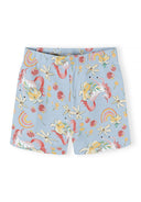 Light blue kids bicycle shorts with colorful unicorn, rainbow, flower, and ladybug print design.