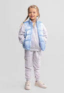 Girls quilted waistcoat in metallic light blue, front view, features a stand collar and side pockets.