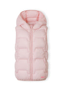 Lightweight pink padded girls gilet with fixed hood, zip closure, and side pockets, featuring a soft and cozy design.