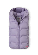 Lilac sleeveless hooded gilet with zip fastening, padded polyester design for girls aged 3 to 15 years.