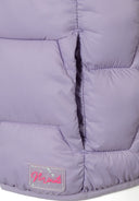 Close-up of lilac padded gilet with side pocket and subtle Minoti branding for kids fashion design.