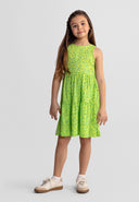 Girls sleeveless floral summer dress in bright green, front view, with adjustable back tie and tiered skirt.