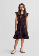 Girls black floral A-line dress with frill sleeves, front view.