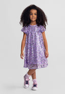 Girls' a-line sequin dress in multicolour, front view, short sleeves.