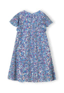 Girls blue a-line sequin dress with short sleeves, back view.