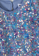 Detail of a girls' blue a-line dress with sequins and short sleeves.