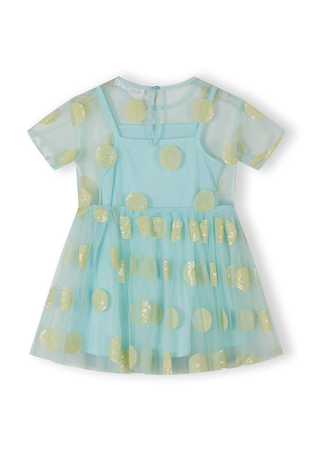 Back view of turquoise tulle dress showing layered construction, mesh overlay, sequin details, and back tie closure on white background