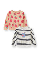 Two girls sweatshirts featuring playful apple and striped designs in soft white and apricot colors for kids.