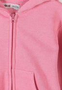 Close-up of soft pink kids zip-up hoodie with subtle embroidered heart design on chest pocket area