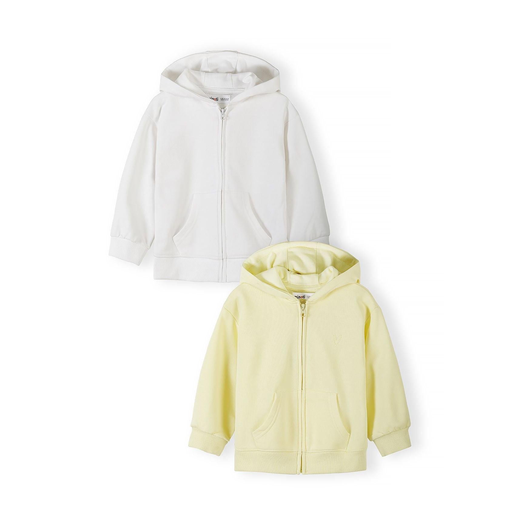 Two zip hoodies displayed against white background - one in sunshine yellow and one in bright white, both featuring hoods, front zippers and kangaroo pockets