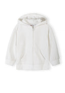 White zip-up hoodie for girls with hood and front pockets, featuring a simple and comfortable design for kids.