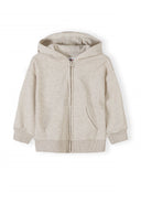 Light cream zip-up hoodie for kids with a simple, comfortable design and front pockets.