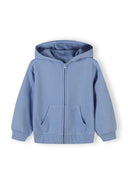 Light blue zip-up hoodie for kids with hood and front pockets, featuring a simple and comfortable design.