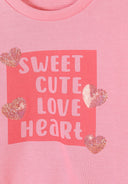 Pink kids sweatshirt with front print reading sweet cute love heart and glitter heart design accents